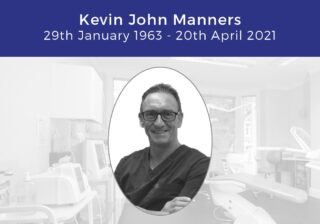 Graphic design with birth and death date of Kevin John Manners and his portrait in black and white