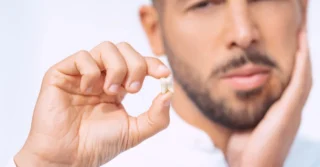 A man holds up one missing tooth while his hand holds the side of his jaw in pain.